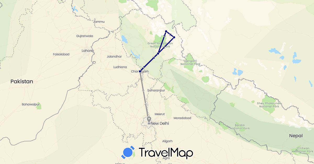 TravelMap itinerary: driving, plane in India (Asia)