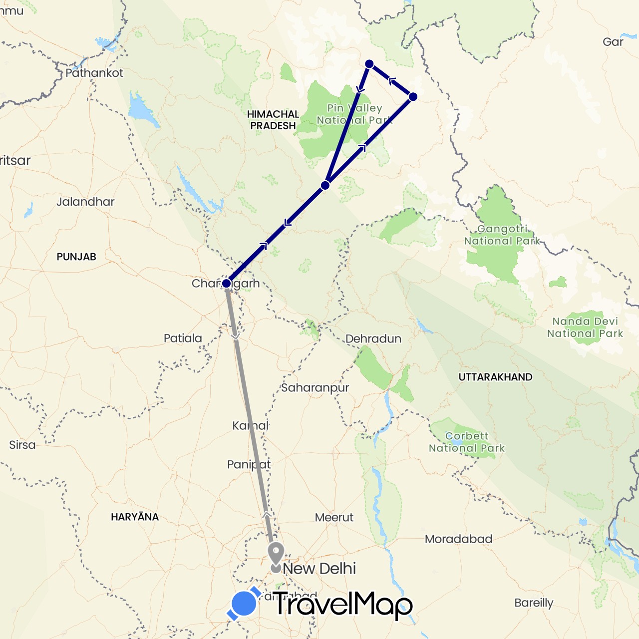 TravelMap itinerary: driving, plane in India (Asia)