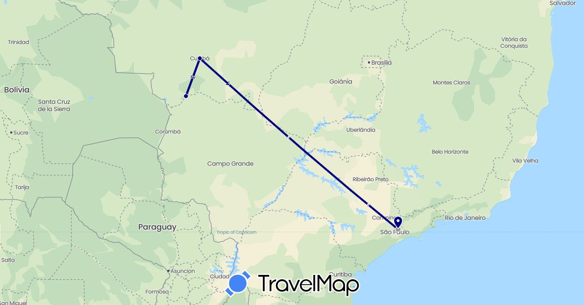 TravelMap itinerary: driving, plane in Brazil (South America)