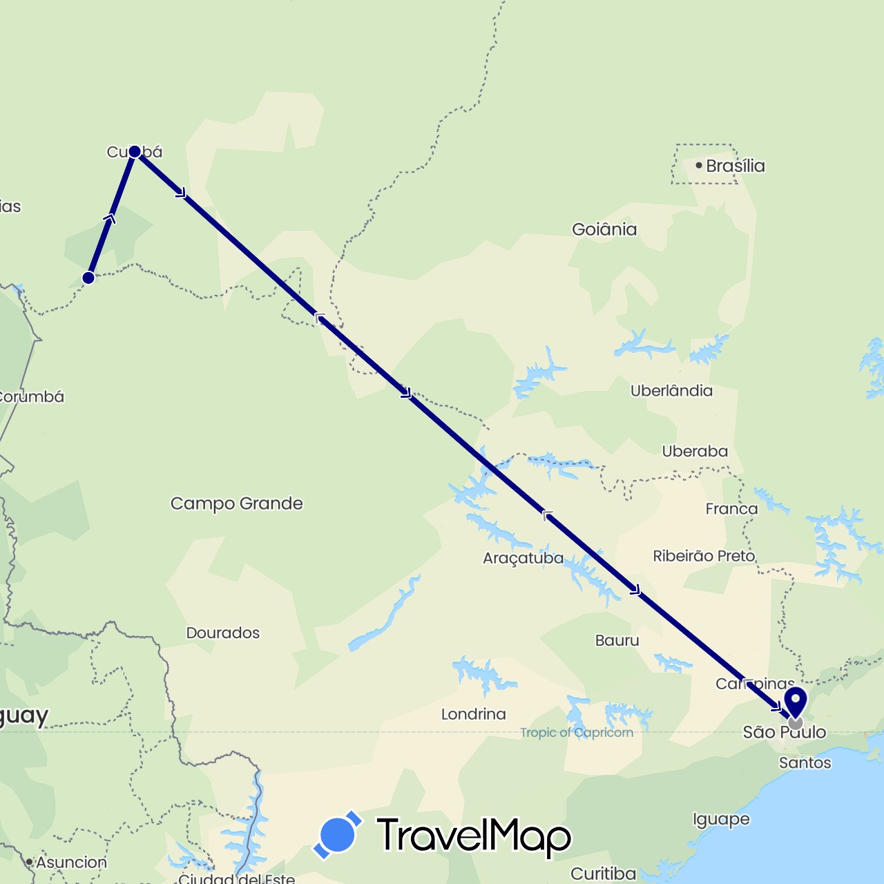 TravelMap itinerary: driving, plane in Brazil (South America)