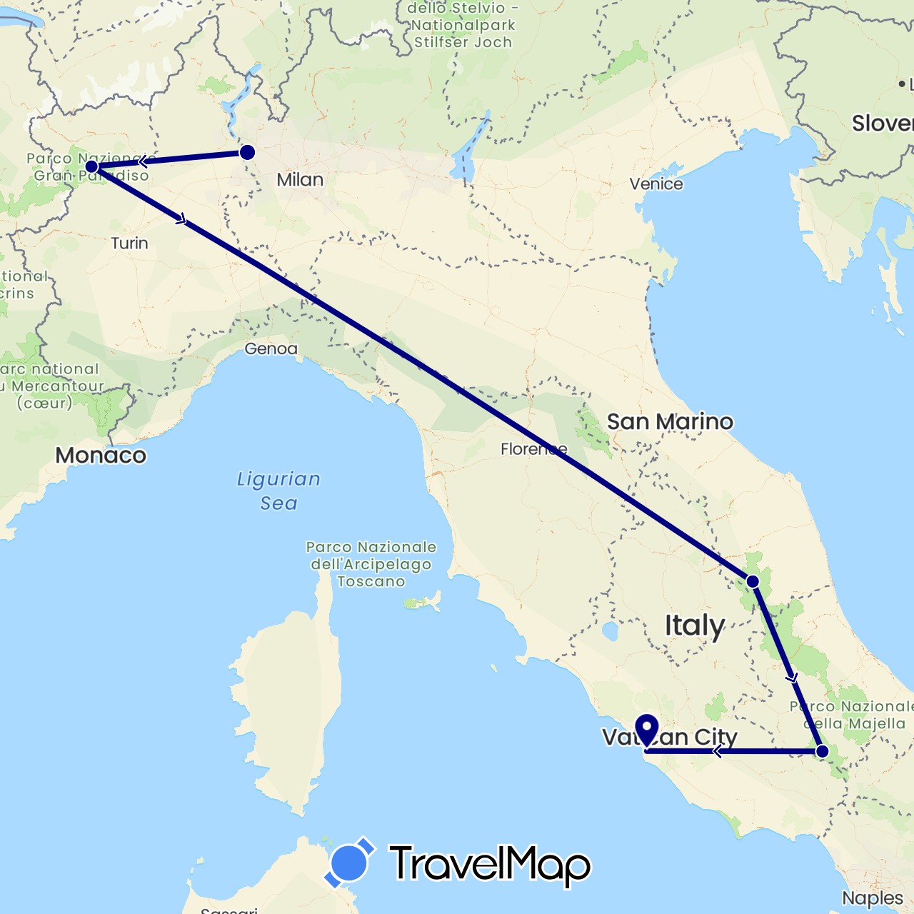 TravelMap itinerary: driving in Italy (Europe)