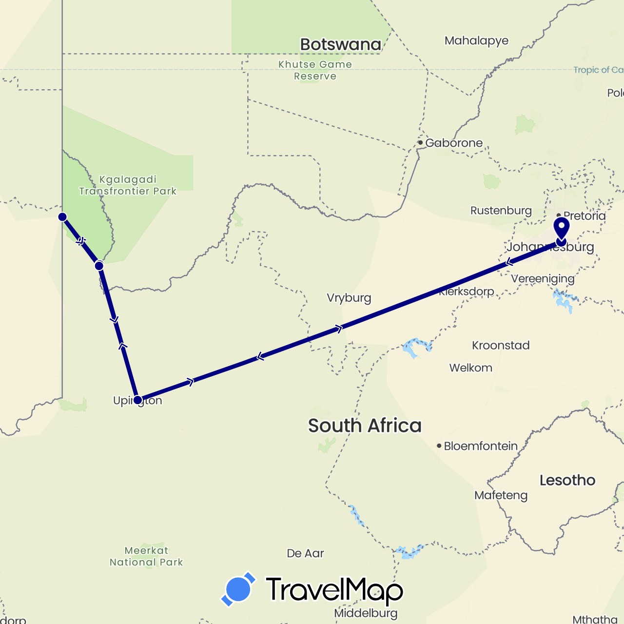 TravelMap itinerary: driving in Botswana, South Africa (Africa)