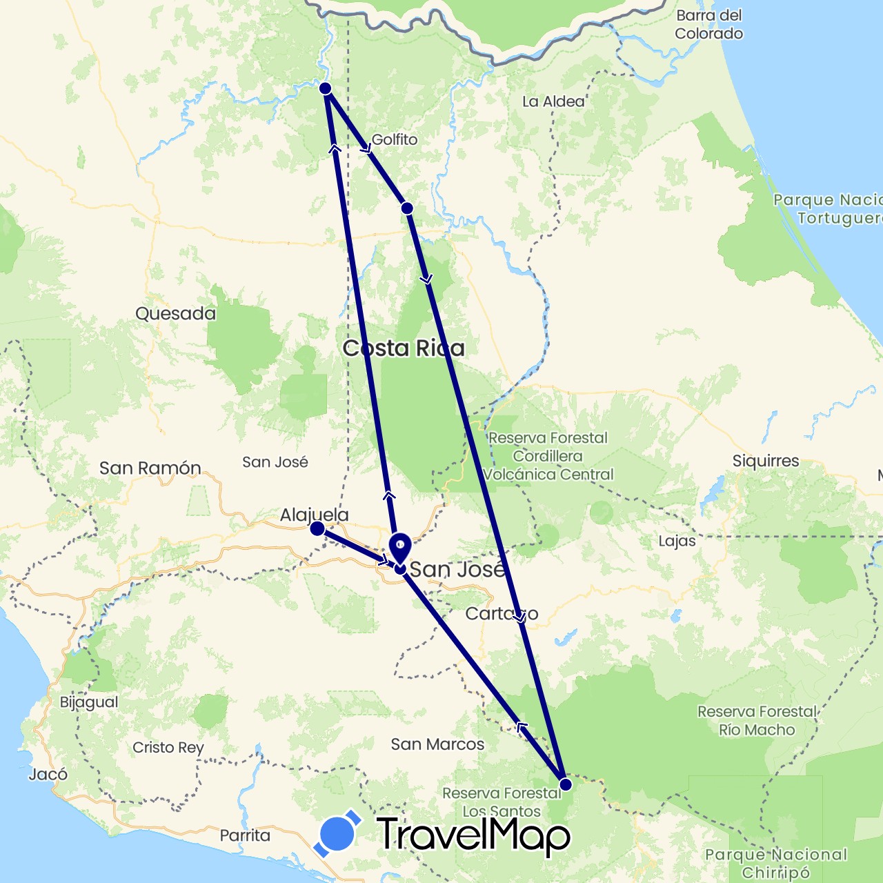 TravelMap itinerary: driving in Costa Rica (North America)