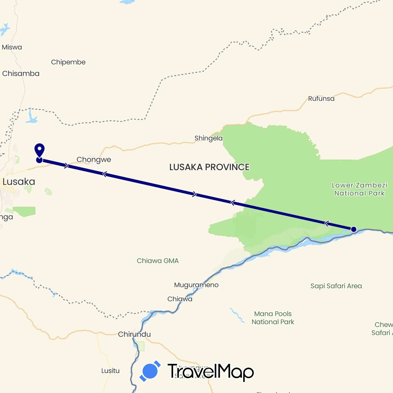 TravelMap itinerary: driving in Zambia (Africa)