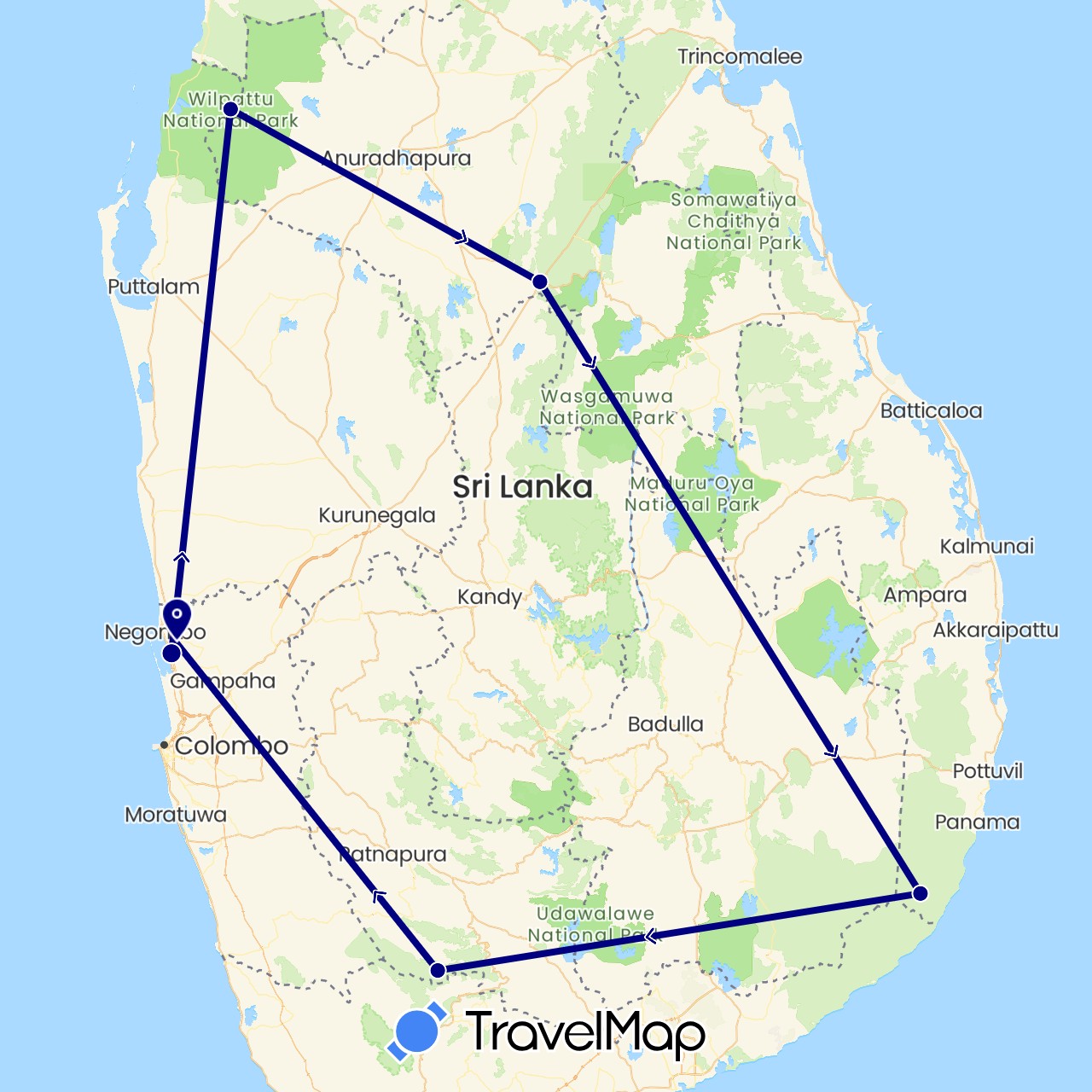 TravelMap itinerary: driving in Sri Lanka (Asia)